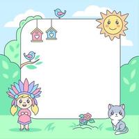 cartone animato pastello bambini estate telaio con ragazza injun costume e carino gatto vettore illustrazione