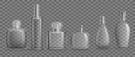 bicchiere bottiglie con profumi modello impostare. elegante realistico modelli trasparente confezione per gel profumo pulito igiene per bellezza saloni idratante detergente vettore effetto.