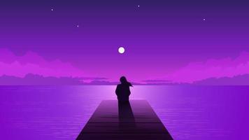 notte silhouette solitario ragazza con crescente Luna. solo sognante donna guardare a viola cielo con Luna tra nuvole su mare molo illustrazione vettore persona solitudine pensieroso depressione.