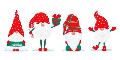 tre carino Natale gnomi. vettore personaggi nel piatto stile. impostato di Natale gnomi con i regali caramelle illustrazione