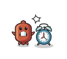 cartone animato illustrazione di salsiccia è sorpreso con un' gigante allarme orologio vettore