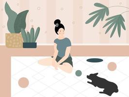 accogliente hygge comfort casa interno. ragazza giocando con cane a casa. disegnato a mano illustrazione per uso nel design vettore