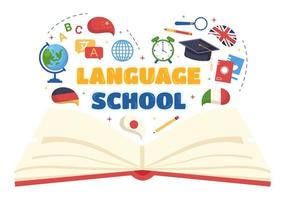 linguaggio scuola modello mano disegnato cartone animato piatto illustrazione di in linea apprendimento, corsi, formazione programma e studia straniero le lingue all'estero vettore