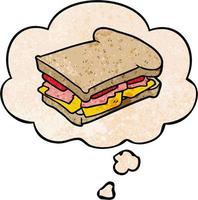 cartone animato prosciutto Sandwich e pensato bolla nel grunge struttura modello stile vettore