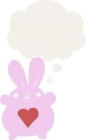 coniglio simpatico cartone animato con cuore d'amore e bolla di pensiero in stile retrò vettore