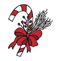 Natale caramella canna con un' arco è mano disegnato. Natale composizione con a strisce lecca-lecca nel scarabocchio stile isolato su bianca sfondo. vettore illustrazione.