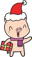 felice disegno di un maiale con regalo di Natale che indossa il cappello di Babbo Natale vettore