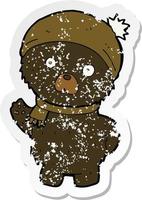 retrò afflitto etichetta di un' cartone animato carino nero orso nel inverno cappello e sciarpa vettore