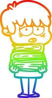 arcobaleno gradiente linea disegno cartone animato ragazzo esausto che tiene libro vettore