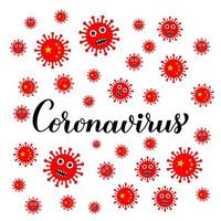personaggi dei cartoni animati di coronavirus e scritte isolati su sfondo bianco. patogeno respiratorio corona virus covid-19 da wuhan, cina. modello vettoriale per poster tipografici, volantini, banner, ecc.