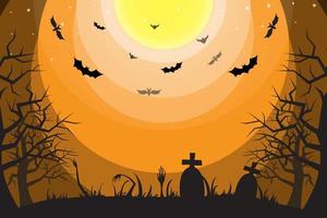 Halloween celebrazione con vario personaggi, pieno Luna, diavolo Casa, pipistrelli e notte vettore
