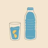 plastica bottiglia di puro acqua . bicchiere di acqua con Limone. impostare. vettore illustrazione
