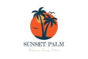 circolare cerchio tramonto spiaggia mare onda con palma Noce di cocco alberi isola per tropicale Surf viaggio vacanza logo vettore