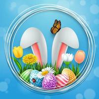 contento Pasqua con colorato uova, coniglietto orecchie, fiori, coccinella, e farfalla nel telaio il giro sfondo vettore