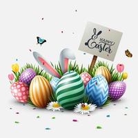 Pasqua saluto carta con colorato uova, fiori, coniglietto orecchie, insetti, e cartello stradale nel il erba vettore