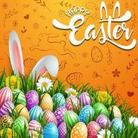 Pasqua saluto carta con Due coniglietto orecchie e colorato uova su blu sfondo vettore