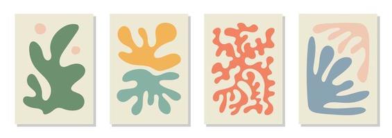 set di 4 poster artistici da parete ispirati a Matisse, brochure, modelli di volantini, collage contemporaneo. modello astratto linea organica, design disegnato a mano, carta da parati semplice. vettore vintage grafico di forme dinamiche