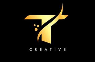 d'oro t lettera logo design con elegante creativo swoosh e puntini vettore