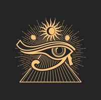 Horus occhio antico egiziano cartello, piramide e sole vettore