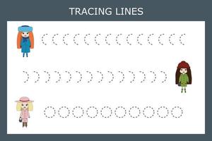 tracciato Linee gioco con carino ragazze, bambole. foglio di lavoro per prescolastico bambini, bambini attività foglio, stampabile foglio di lavoro vettore
