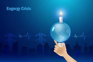 mano Tenere candela su leggero lampadina globo con globale energia grafico Salute. energia crisi, alto richiesta e carenza di elettricità. vettore