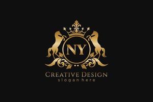 iniziale NY retrò d'oro cresta con cerchio e Due cavalli, distintivo modello con pergamene e reale corona - Perfetto per lussuoso il branding progetti vettore