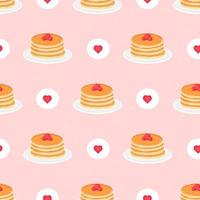 pila di Pancakes con frutti di bosco su piatto modello con cuori su rosa sfondo, carino cibo ornamento per menù design vettore