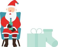 Santa è seduta con un' bottiglia di vino. vettore