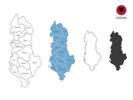4 stile di Albania carta geografica vettore illustrazione avere tutti Provincia e marchio il capitale città di Albania. di magro nero schema semplicità stile e buio ombra stile. isolato su bianca sfondo.