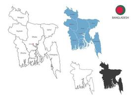 4 stile di bangladesh carta geografica vettore illustrazione avere tutti Provincia e marchio il capitale città di bangladesh. di magro nero schema semplicità stile e buio ombra stile. isolato su bianca sfondo.