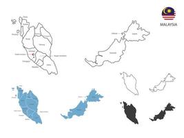 4 stile di Malaysia carta geografica vettore illustrazione avere tutti Provincia e marchio il capitale città di Malaysia. di magro nero schema semplicità stile e buio ombra stile. isolato su bianca sfondo.