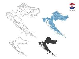 4 stile di Croazia carta geografica vettore illustrazione avere tutti Provincia e marchio il capitale città di Croazia. di magro nero schema semplicità stile e buio ombra stile. isolato su bianca sfondo.