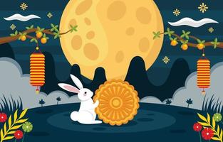 medio autunno Festival con carino coniglio e Luna torta vettore