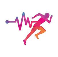 pulse maratona logo design icona vettore. corpo Salute cura logo design. in esecuzione uomo con linea ecg battito cardiaco icona. vettore