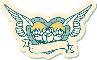 etichetta di tatuaggio nel tradizionale stile di un' volante cuore con fiori e bandiera vettore