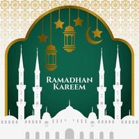 moschea con lanterna e luna su sfondo verde astratto per ramadan kareem, adatto per biglietto d'auguri, celebrazione del ramadan vettore
