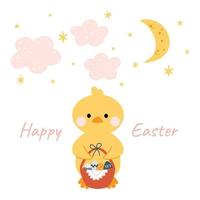 kawaii simpatico pollo, anatroccolo con luna, stelle e nuvole. Buona Pasqua. clipart affascinanti per cartoline, stampe, banner, modelli, social media, web. illustrazione del fumetto di vettore. vettore