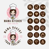 logo della cucina del cuoco unico per il modello del ristorante e del bar dell'alimento con l'icona vettore