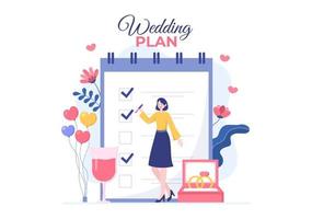 organizzatore di matrimoni che fornisce un servizio di decorazione o che fa piani prima della cerimonia nuziale in un'illustrazione piana di stile del fumetto del fondo vettore