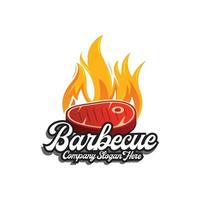 design del logo del barbecue, cibo a base di carne alla griglia, illustrazione vettoriale dell'azienda, adesivo, serigrafia