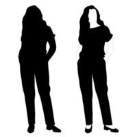 il contorno di una silhouette in bianco e nero di una ragazza snella ed elegante in un abito alla moda in piedi. modello adulto. vettore