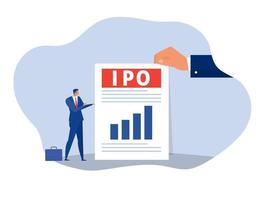 ipo, offerta pubblica iniziale. offerta di uomo d'affari che investe sul concetto di laptop, illustrazione vettoriale piatta.