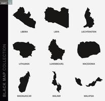 nero carta geografica collezione, nero contorno mappe di mondo. vettore