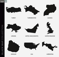 nero carta geografica collezione, nero contorno mappe di mondo. vettore