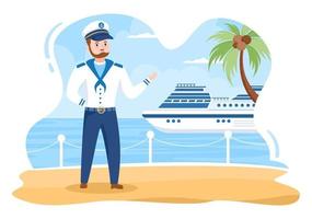 illustrazione del fumetto del capitano della nave da crociera dell'uomo in uniforme del marinaio in sella a una nave, guardando con il binocolo o in piedi sul porto in design piatto vettore