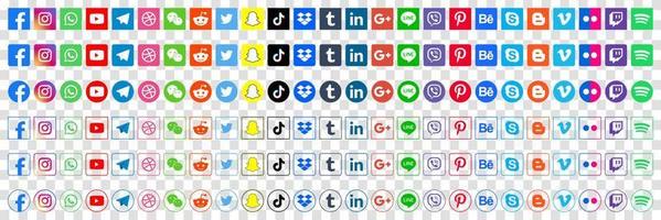 imposta le icone dei social media popolari. facebook, instagram, twitter, youtube, pinterest, behance, google, linkedin, whatsap, snapchat e molti altri. illustrazione vettoriale editoriale