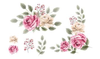 set di mazzi di fiori e decorazioni con cornice floreale ad acquerello vettore