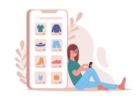concetto di acquisto mobile. una donna compra cose nel negozio online. vettore