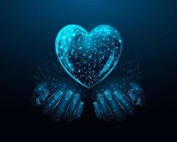 due mani umane tengono il cuore. wireframe incandescente basso poli cuore. design su sfondo blu scuro. illustrazione vettoriale futuristica astratta.