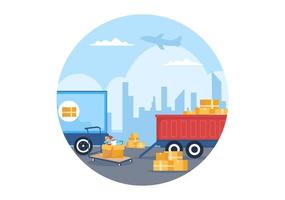 illustrazione del fumetto di trasporto di autotrasporti con servizi di consegna del carico o scatola di cartone inviata al consumatore in un design piatto vettore